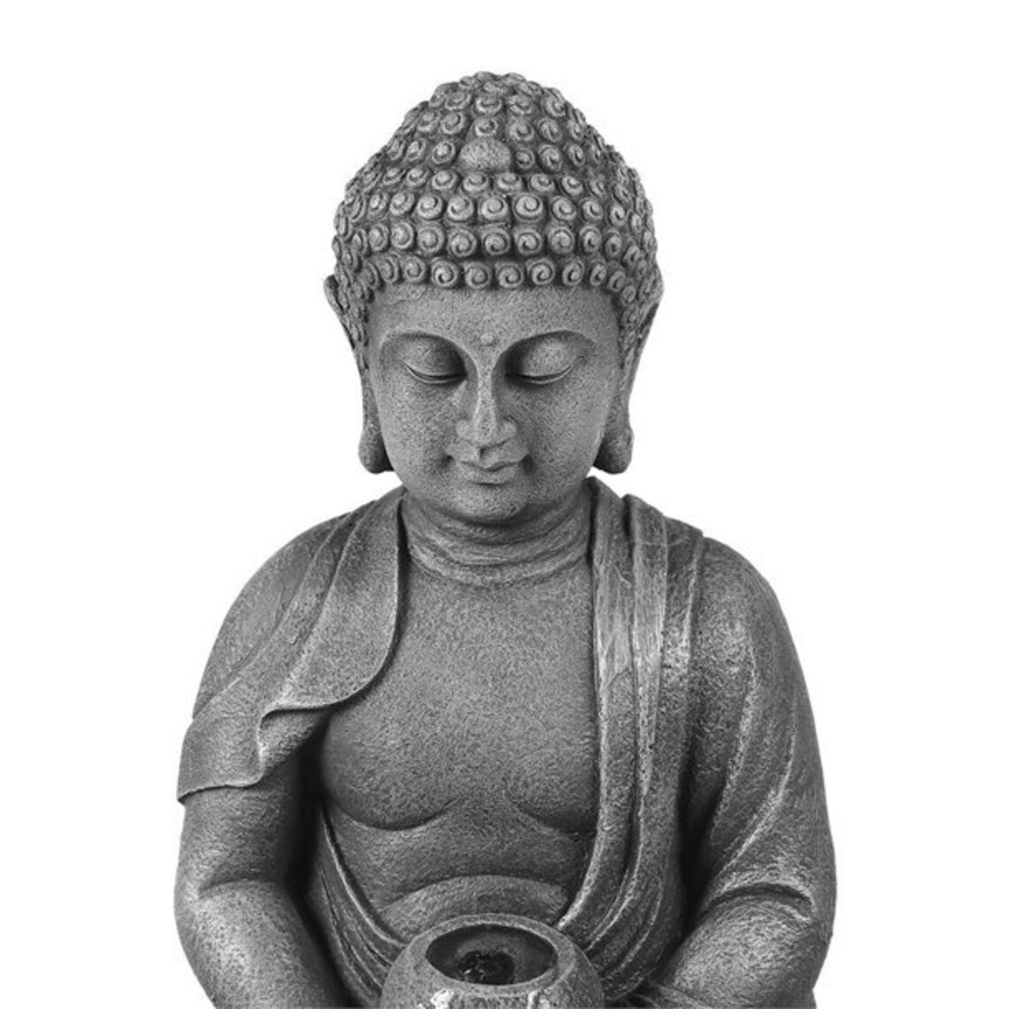 resin meditating buddha on column patio fountain with led light