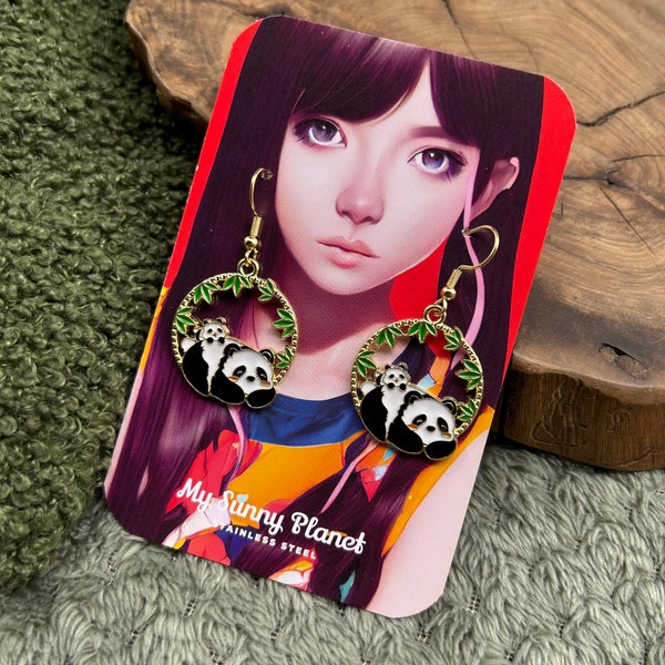 Panda dangle earrings - stainless steel hook pendant in brass alloy - for oriental lovers