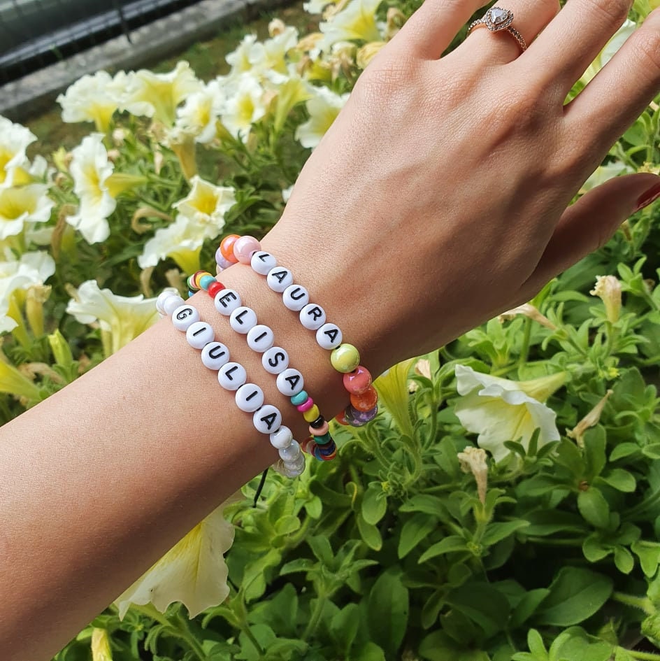 One-size-fits-all colored stretch bracelets, customizable with name