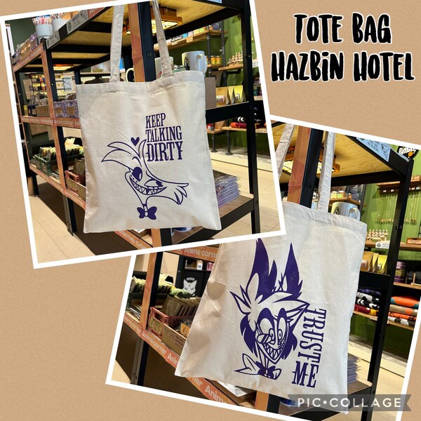 Handcrafted tote bag of the two characters from hell - in 100% cotton with handmade silk-screen printing on both sides in purple color