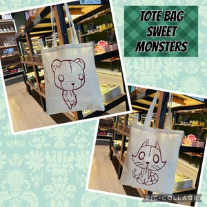Tote bag in 100% natural beige cotton with gothic style Teddy Bear and Cat made with hand screen printing technique in burgundy color