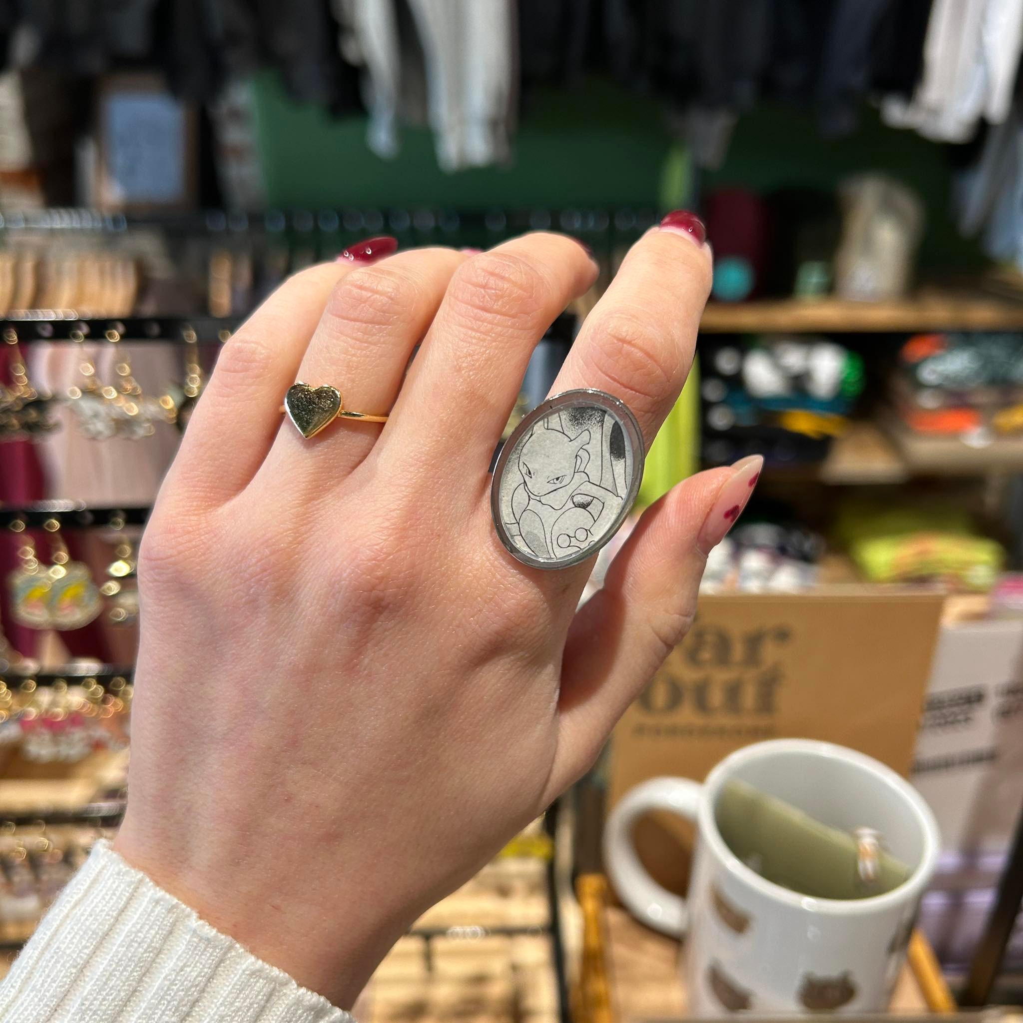 MEWTWO Stainless Steel Handcrafted Ring Created with Original Japanese Manga Fragment - One Size Adjustable and Unique Piece