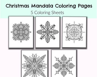 May include: Five black and white printable Christmas mandala coloring pages. Each page features a different snowflake design.