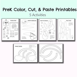 May include: Five black and white printable activity sheets for preschoolers. The sheets include a robot, a caterpillar, a butterfly, a flower, and a rainbow. Each sheet has instructions for colouring, cutting, and pasting.