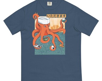 Itadakimasu Octopus: zwaargewicht uniseks T-shirt van katoen (alleen ontwerp voorkant)