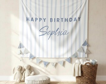 Personalized Coastal Birthday Banner, Blue Striped Party Backdrop, Nautical Birthday Decor, First Birthday
