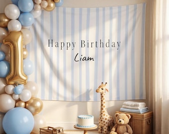 Personalized Baby Boy Birthday Banner - Custom Name Blue Party Sign - First Birthday Backdrop - Baby Boy Photo Prop - Cake Smash Background