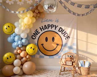 Personalized One Happy Dude Birthday Banner, Custom Name First Birthday Backdrop, Smiley Face Party Decor, Baby Boy Birthday Sign