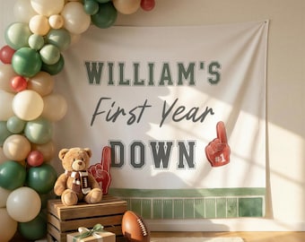 First Year Down Birthday Banner, Personalized Football First Birthday Backdrop, Custom Name Game Day Party Decor, Baby Boy 1st Birthday Sign
