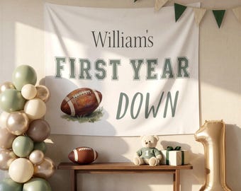 First Year Down Birthday Banner, Personalized Football First Birthday Backdrop, Custom Name 1st Birthday Party Decor, Football Birthday Sign