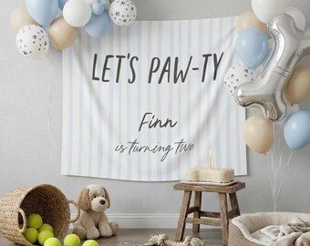 Let's Pawty Dog Birthday Banner | Personalized Puppy Birthday Decorations | Custom Blue Theme Sign for Boy Dog Gotcha Day or 1st Birthday