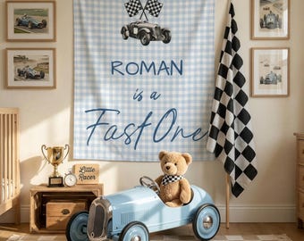 Blue Fast One Birthday Banner, Personalized Vintage Race Car Backdrop, Custom Name First Birthday Decor, Little Racer Party Sign