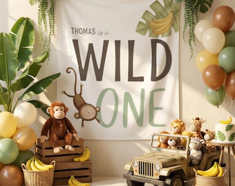 Jungle Wild One Birthday Banner, Personalized Safari First Birthday Backdrop, Custom Name Monkey Party Decor, Baby Boy Birthday Sign