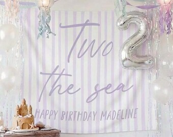 Two The Sea Two to the Sea Birthday Banner, Purple Striped 2nd Decor with Custom Name