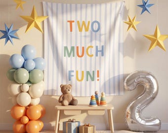 Two Much Fun Birthday Banner, Blue 2nd Birthday Backdrop, Boy Second Birthday Party Decor, Colorful Toddler Birthday Party Sign