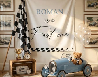 Checkered Flag Fast One Birthday Banner, Personalized Race Car Birthday Banner, Custom Name First Birthday Decor, Racing Party Backdrop