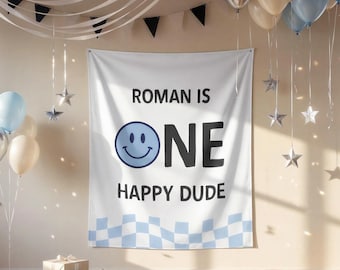 Blue One Happy Dude Birthday Banner, Personalized First Birthday Backdrop, Custom Name Smiley Face Party Decor, Baby Boy Sign