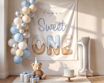 Sweet One Birthday Banner, Personalized First Birthday Backdrop, Blue Ice Cream 1st Birthday Party Decor, Sweet One Baby Boy Party Sign