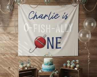 Personalized O-Fish-Ally One Birthday Banner, Neutral Fishing Birthday Decor, Beige First Birthday Backdrop
