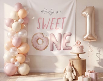 Sweet One Birthday Banner, Personalized Donut First Birthday Backdrop, Pink Sweet One Party Decor, Baby Girl 1st Birthday Donut Sign