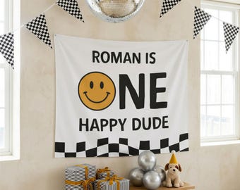 Checkered One Happy Dude Birthday Banner, Personalized First Backdrop, Custom Name Smiley Face Party Decor, Sign