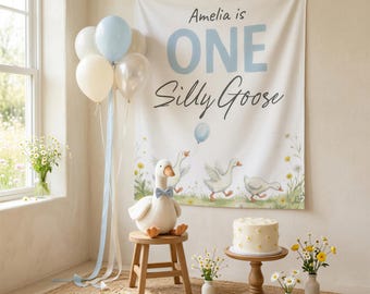 One Silly Goose Birthday Banner, First Birthday Boy Backdrop, Personalized Goose Party Decor, Blue Baby 1st Birthday Wildflower Sign