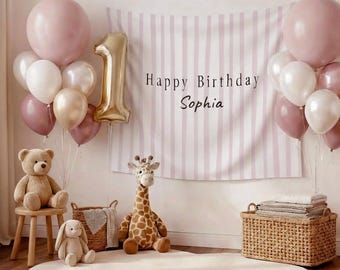Personalized Pink Birthday Banner, Coquette Bow 1st Birthday Decor, Berry First Birthday Sign, Custom Name Garden Party, Gingham Photo Prop