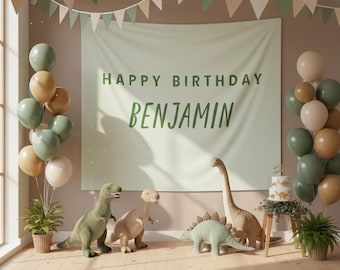 Personalized Dinosaur Birthday Banner, Sage Green Dino Party Backdrop, Green Dinosaur Birthday Decor