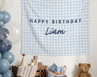 Personalized Blue Gingham Baby Birthday Banner - Preppy First Birthday Decor - Custom Boy 1st Birthday Sign - Grandmillennial Party Bunting