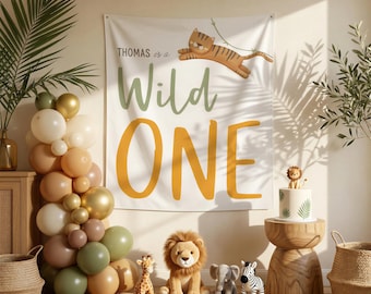 Wild One Birthday Banner, Personalized Safari First Birthday Backdrop, Custom Name Jungle Party Decor, Baby Boy Birthday Sign