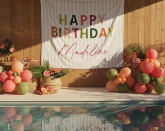 Personalized Birthday Banner, Colorful Birthday Backdrop, Tropical Summer Party Decor, Custom Name Banner