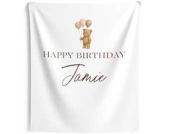 Teddy Bear Birthday Banner for Baby | Custom Neutral First Birthday Backdrop | Personalized Boho Bear Party Decor for Boy or Girl
