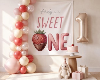 Sweet One Birthday Banner, Personalized Strawberry First Birthday Backdrop, Berry Sweet One Party Decor, Baby Girl 1st Birthday Sign