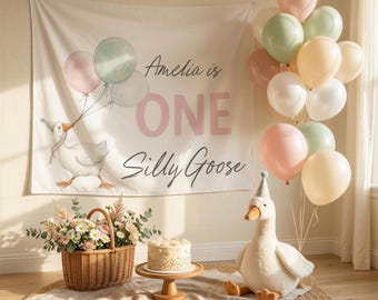 One Silly Goose Birthday Banner, First Birthday Girl Backdrop, Personalized Goose Party Decor, Pink Sage Baby 1st Birthday Party Sign