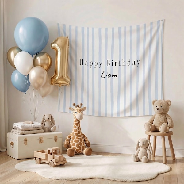 Personalized Baby Boy Birthday Banner - Custom Name Blue Party Sign - First Birthday Backdrop - Baby Boy Photo Prop - Cake Smash Background