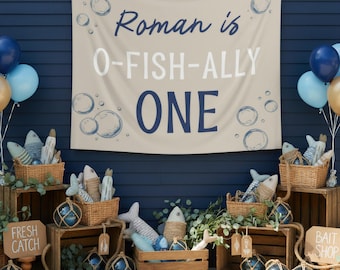 Personalized O-Fish-Ally One Birthday Banner, Fishing Birthday Backdrop, Nautical First Birthday Decor