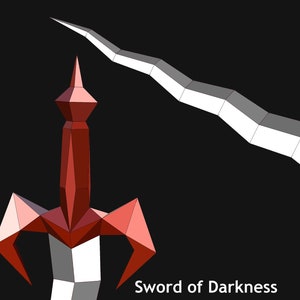 Puede incluir: Un modelo de espada de papel rojo y blanco con una hoja curva y una punta puntiaguda. El modelo está etiquetado como "Sword of Darkness" e incluye el sitio web etsy.com/shop/CustomGeometry.