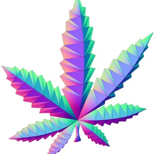 Puede incluir: Una hoja de cannabis geométrica con un degradado de colores rosa, azul y verde.