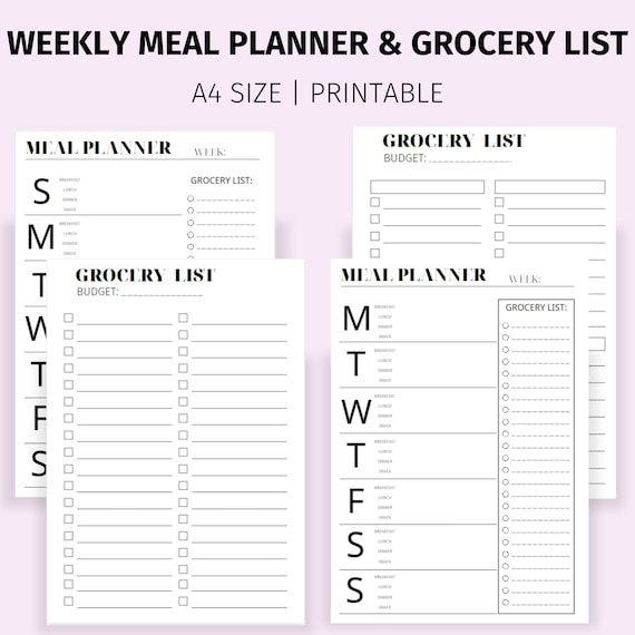 Weekly Meal Planner with Grocery List A4 size Monday and | Etsy