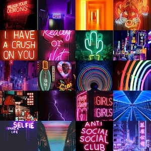 Dark Neon Lights Wall Collage Maker Kit (46 Images Included)