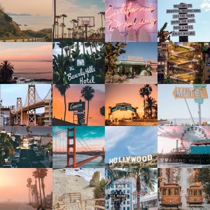 May include: A collage of images depicting California culture. The images include a beach, a sunset, a motel, a diner, a Ferris wheel, a bridge, a palm tree, and a Hollywood sign. The text "California Dreaming" is featured in neon pink letters.