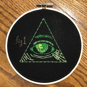 Illuminati, Secret Society Gothic Handmade Embroidery, 6 Inches Bamboo Hoop, Creepy Wall Art, Gothic and Oddity Home Decor