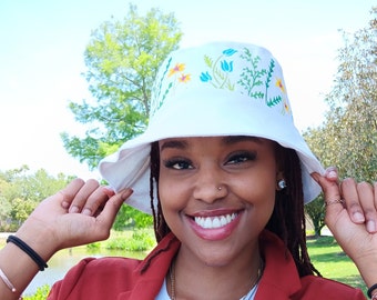 Hand Made and Hand Painted Dragonfly  & Plants  White Bucket Hat