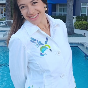 Hand Painted White Jacket Spring Summer Motif-Upcycled