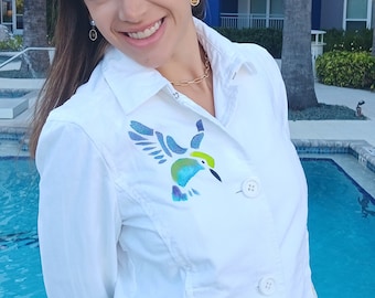 Hand Painted White Jacket Spring Summer Motif-Upcycled