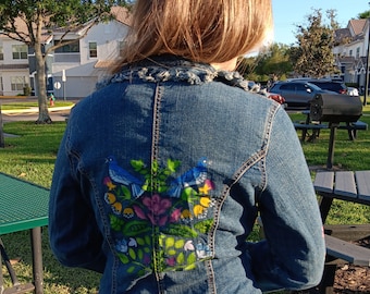 Hand Painted  Stretchy Jeans Jacket  with Birds &Plants Motif