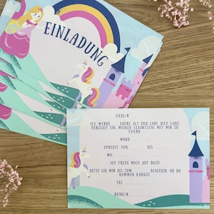 Prinzessin Einladung Kindergeburtstag – Einladungskarten Einhorn & Schloss – zum Selbst Ausfüllen-DIN A6- Ink. bunte Umschläge
