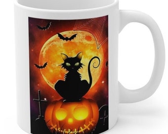 Black cat mug autumn pumpkin decoration coffee mug spooky cat Halloween mug for her him home decor