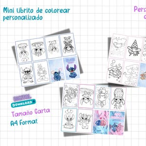 May include: A printable colouring book featuring a cartoon character with blue fur and large ears. The book is titled "Personalized mini colouring book" and includes the text "Digital Download" and "Tamaño Carta A4 Format".