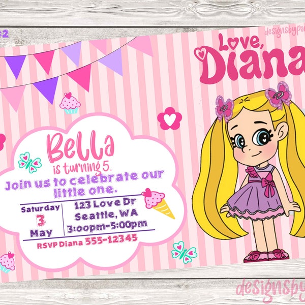 Birthday Invitation inspired by Diana Youtuber, Diana 6"x4" and Facebook Cover, Real or Cartoon. Español, English! 3 Designs to Choose.